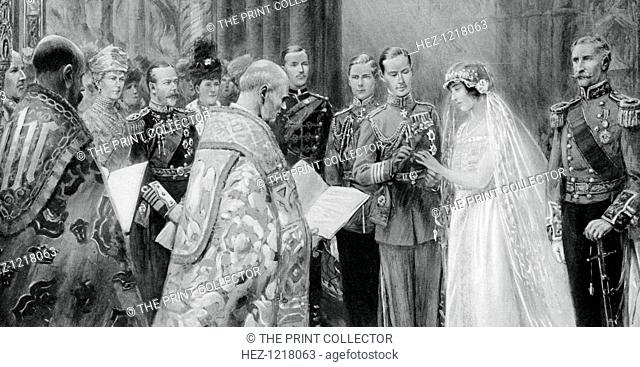 The Duke of York placing the ring on Lady Elizabeth Bowes-Lyon's finger, 26 April 1923, (1937). Scene from the wedding of the future King George VI and Lady...