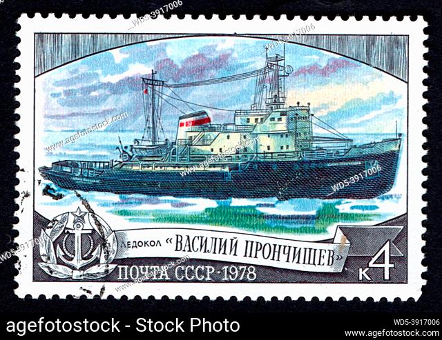 USSR - CIRCA 1978: Icebreaker Vasily Pronchishchev imaged on isolated postage stamp. Old Soviet postage stamp dedicated to Soviet ships
