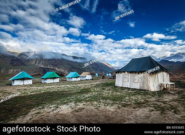 Tent camp in Himalayas in the morning. Spiti Valley, Himachal Pradesh, India, Asia
