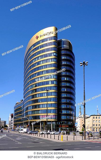 Warsaw, Mazovia / Poland - 2018/06/07: Zebra Tower office building in Warsaw central district at Jazdy Polskiej roundabout