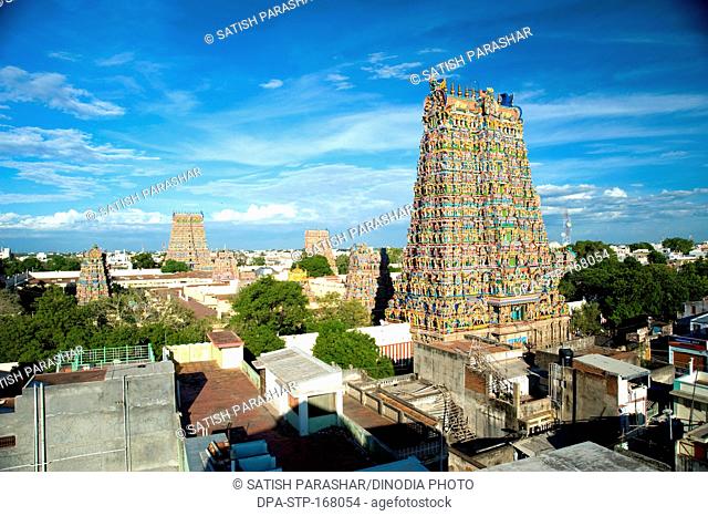 Gopurams of meenakshi sundareswarar or meenakshi amman temple at , Madurai , Tamil Nadu , India