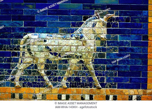 Ishtar Gates, Babylon plus details showing palms, lions and animals