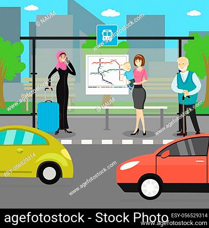 Cartoon Bus stop, different people on city street, car on road, flat vector  illustration, Stock Vector, Vector And Low Budget Royalty Free Image. Pic.  ESY-056529314 | agefotostock