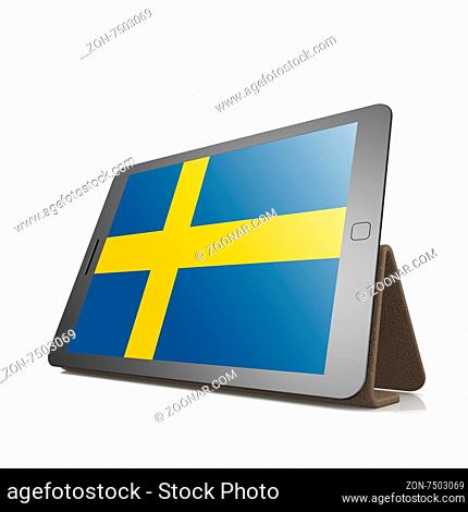 Tablet with Sweden flag image with hi-res rendered artwork that could be used for any graphic design