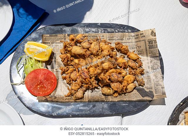 aerial view of grey tray with baby little squids breaded and fried, typical food of Andalusia known as chopitos, in Spain, Europe