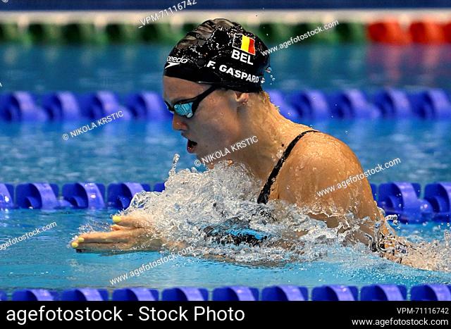 Belgian Florine Gaspard pictured in action during the Relay 4x100m Mixed Relay, at the World Aquatics Championships swimming in Fukuoka