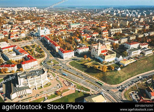 Grodno, Belarus. Aerial Bird's-eye View Of Hrodna Cityscape Skyline. Famous Popular Historic Landmarks In Sunny Autumn Day