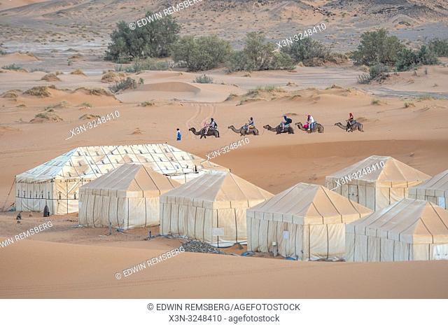Campsite with People Traveling by Camel in Background, Merzouga, Morocco. Sahara Desert - Erg Chabbi dunes