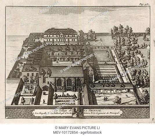 A bird's-eye view of the college showing the chapel, refectory, library, gardens & grounds. One of 39 engravings made of Oxford Colleges by this artist
