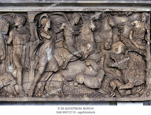Hippolytus hunting a boar, relief depicting the myth of Phaedra and Hippolytus, Roman sarcophagus, 180 ca., Monumental Cemetery of Pisa (UNESCO World Heritage...