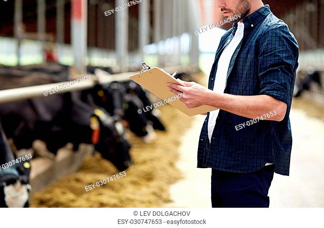 agriculture industry, farming, people and animal husbandry concept - young man or farmer with clipboard and cows in cowshed on dairy farm