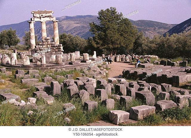 Tholos temple at the sanctuary of Athena Pronaia (4th century B.C.), Mount Parnassus, Delphi. Greece