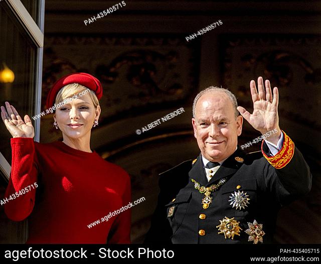 Prince Albert II and Princess Charlene of Monaco on the balcony of the Princely Palace in Monaco-Ville, on November 19, 2023