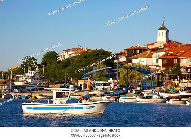 Bulgaria, Europe, Black Sea, Nessebar, Old Town, Seaport, Harbor, Fishing Boats, Tower of the Church of St. Virgin Mary