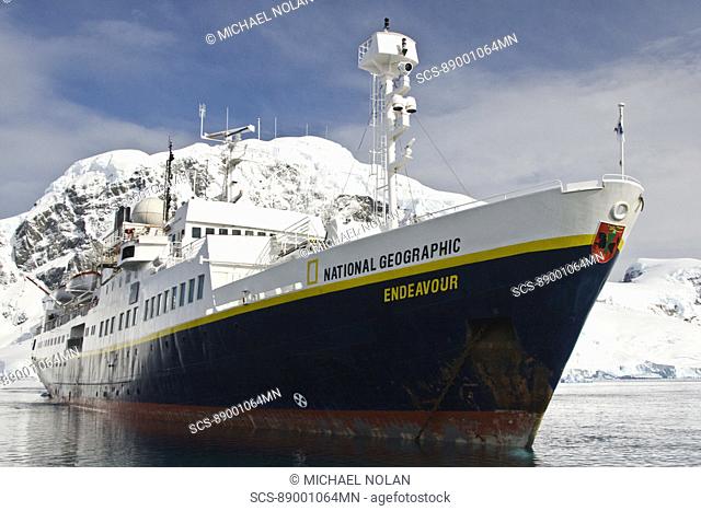 The Lindblad expedition ship National Geographic Endeavour operating with it's fleet of Zodiacs in and around the Antarctic peninsula, Antarctica