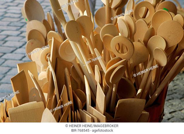 Wooden cooking spoons sold at a market stand, Simonis Market, Muehldorf am Inn, Bavaria, Germany