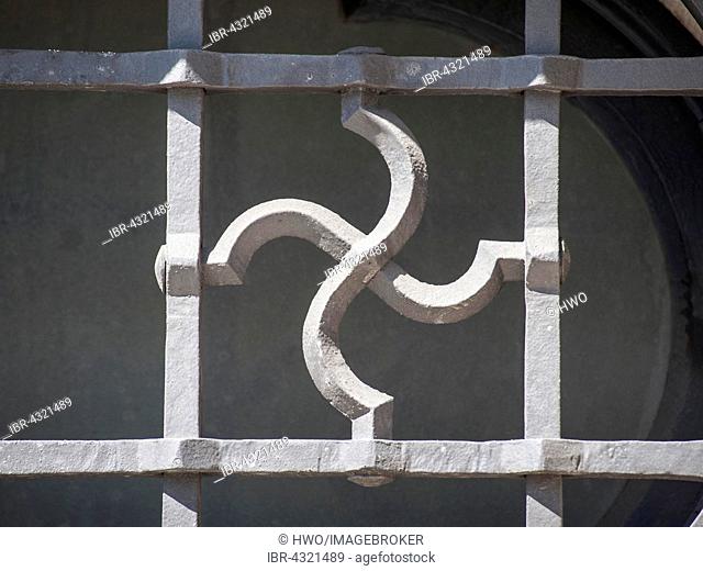 Bavarian Ministry of Economic Affairs, opened in 1938 as Luftgaukommando Süd, Detail of a window with a swastika shaped window grill, Munich, Bavaria, Germany