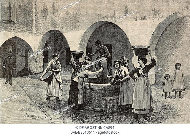 Women collecting water from the fountain in Piazza San Sebastiano, Sanremo, Liguria, Italy, engraving after an illustration by Amedee Forestier (1854-1930)
