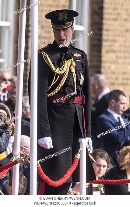 The Duke of Cambridge visits the 1st Battalion Irish Guards at the St. Patrick's Day Parade, Cavalry Barracks in Hounslow Featuring: Prince William