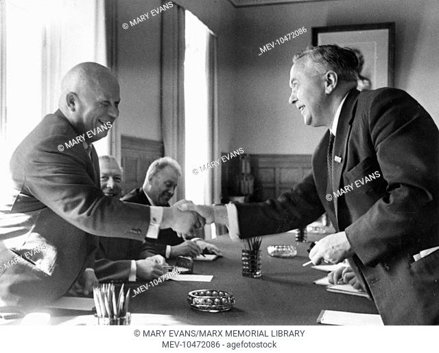 Nikita Khrushchev (1894-1971), Russian Soviet leader, seen here shaking hands with Harold Wilson (James Harold Wilson, Baron Wilson of Rievaulx, 1916-1995)
