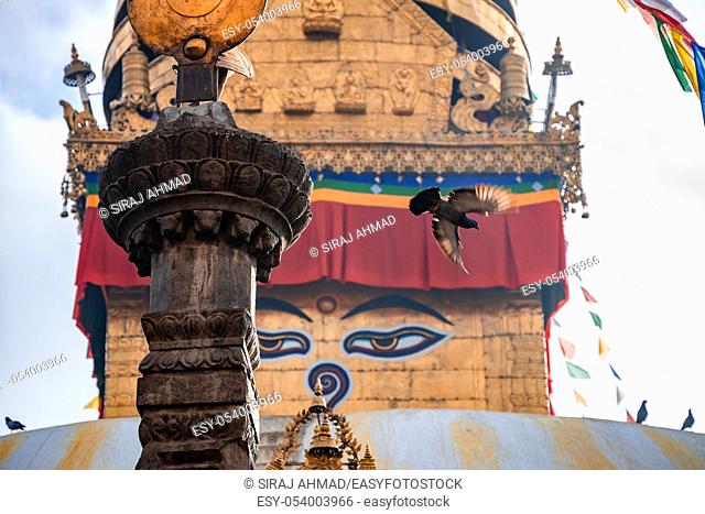 Swayambhunath Stupa, aka The Monkey Temple, during sunrise in Kathmandu, Nepal. A UNESCO Heritage Site. Ancient ruins and stone temples