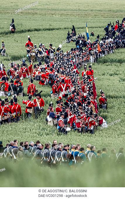 British infantry, Battle of Waterloo, 1815. Napoleonic Wars, 19th century. Historical reenactment