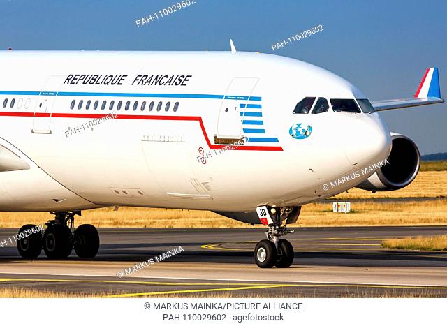 Paris, France - August 16, 2018: Republique Francaise Airbus A340 airplane at Paris Charles de Gaulle airport in France. | usage worldwide
