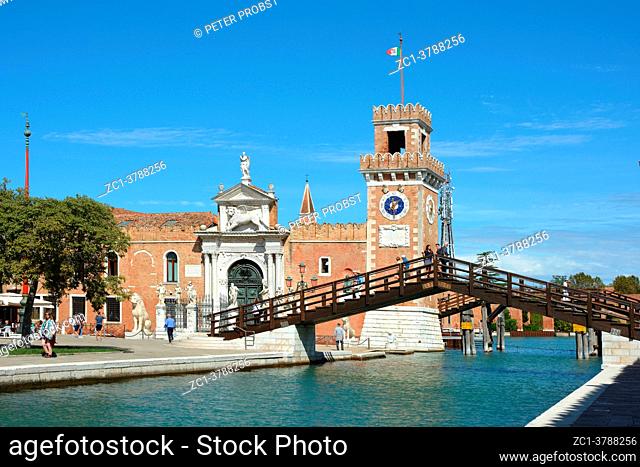 Entrance to the historic Venetian Arsenal and Naval Museum in Castello district of Venice - Italy