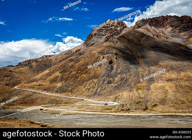 Winding mountain road Manali-Leh to Ladakh with bus in Indian Himalayas. Ladakh, India, Asia
