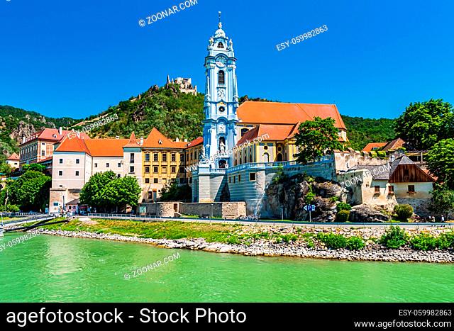 Village, church and Castle of Durnstein in Wachau on Danube, an Unesco World Heritage SIte of Austria