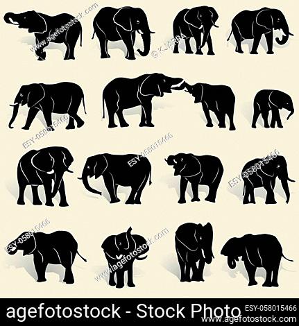 A set of silhouettes of African elephants in various postures and shadows, on light yellow backgroud