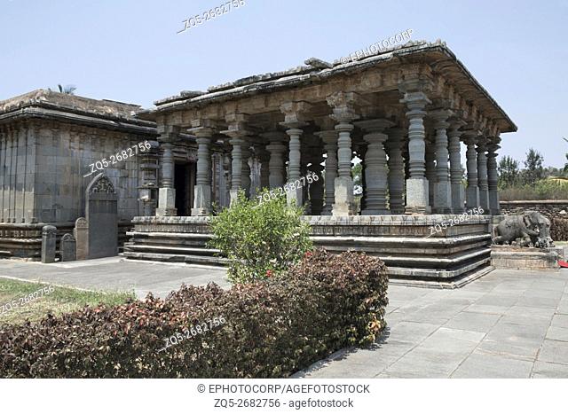 View of Parshvanatha Basadi, Basadi Halli jain temple complex, Karnataka, India. Main shrine on the left and Navaranga Hall in the right
