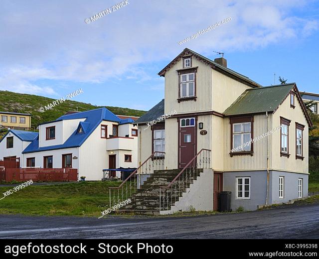 Traditional house. Small town Holmavik at fjord Steingrimsfjoerdur. The Westfjords (Vestfirdir) in Iceland during late autumn Herbst