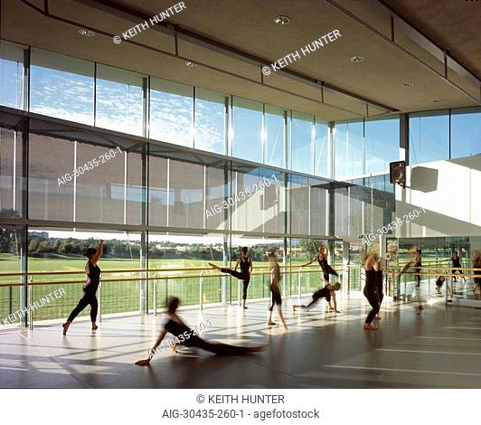The Space Centre for Dance, Dundee College, Scotland. Dance Studio 3 with students. Architect: Nicoll Russell Studios