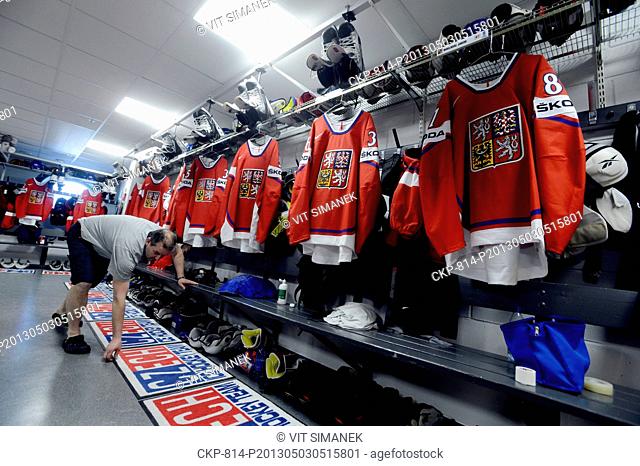 Dressing room of Czech ice hockey players at 2013 Ice Hockey World Championship in Globen hall in Stockholm, Sweden, May 3, 2013