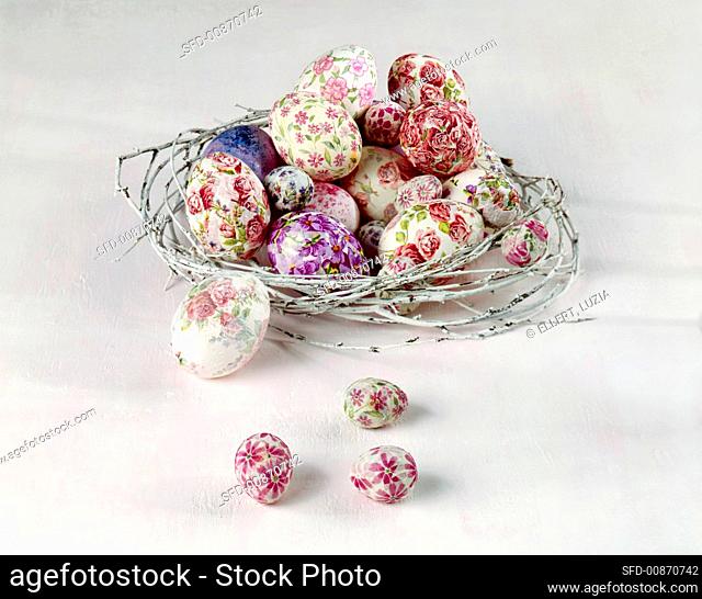 An assortment of flower-patterned Easter eggs