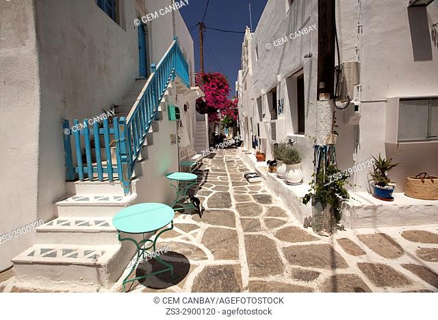 View to the whitewashed houses in the town center, Naoussa, Paros, Cyclades Islands, Greek Islands, Greece, Europe