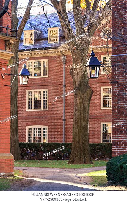 Historic red brick dorm buildings on the campus of Harvard University, Cambridge, MA, USA