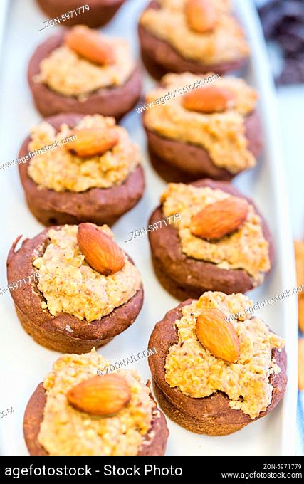 Gluten free chocolate baked snacks with peanut butter and whole almond