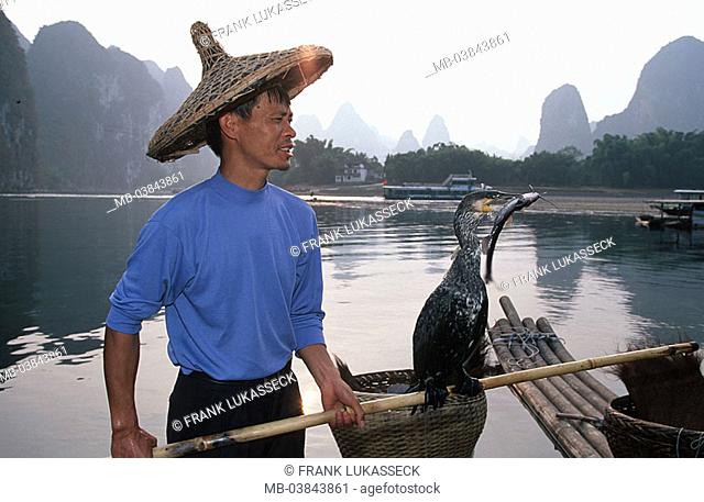China, Guangxi, Yangshuo, Li Jiang, Kormoranfischer, bamboo-pole, Kormoran, Phalacrocorax carbo, Asia, Eastern Asia, Li river, waters, shores, man, fishers