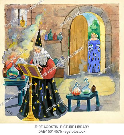 A girl getting into the house of a wizard who is preparing potions and magic filters, children's illustration, drawing