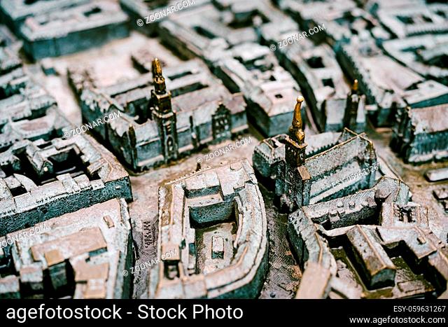 Munich, GERMANY - 9 MARCH 2018: Miniature city of Munich in Germany from bronze, Close-up