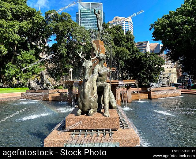 Sydney, NSW / Australia - August 23 2020: Archibald Memorial Fountain is located in Hyde Park North at the centre of â. . Birubi Circleâ