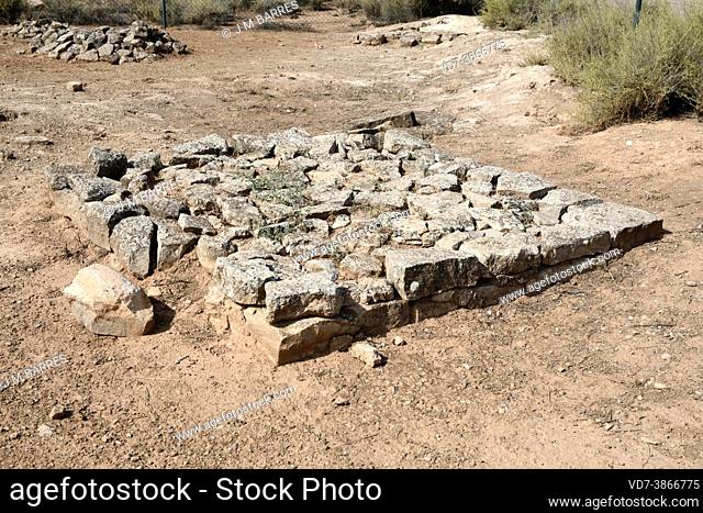Azaila, urnfield culture (necropolis). At bottom Poblado Ibero del Cabezo de Alcala (Monumento Historico-Artistico). Iberian burial mound