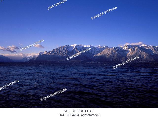 Switzerland, Europe, Vaud, mountain, mountains, lake, Lac Léman, lake Geneva, scenery, panorama, Fribourg, canton, snow, winter, cloud