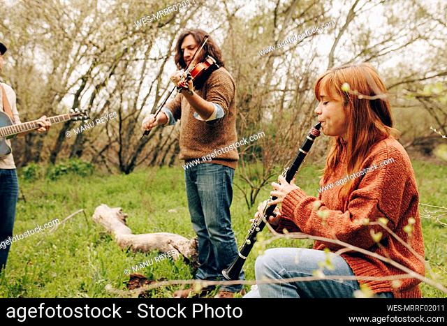 Folk music group playing musical instruments in field