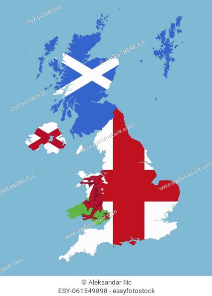 United kingdom map with flags of England, Scotland, Northern Ireland and Wales 3D illustration
