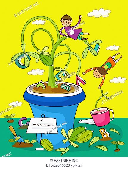 Children playing with potted plants