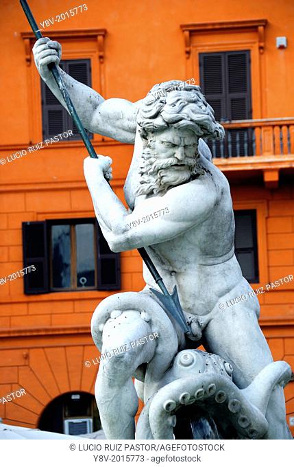 Italy. Lacio. Rome. Piazza Navona. Neptune fountain. Neptune statue. UNESCO World Heritage