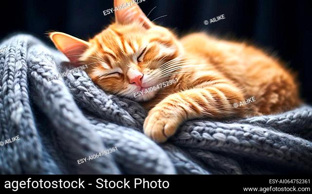 Cute ginger cat sleeping on grey knitted plaid